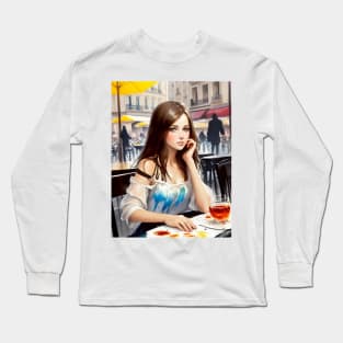 beauitful woman on parisian cafe Long Sleeve T-Shirt